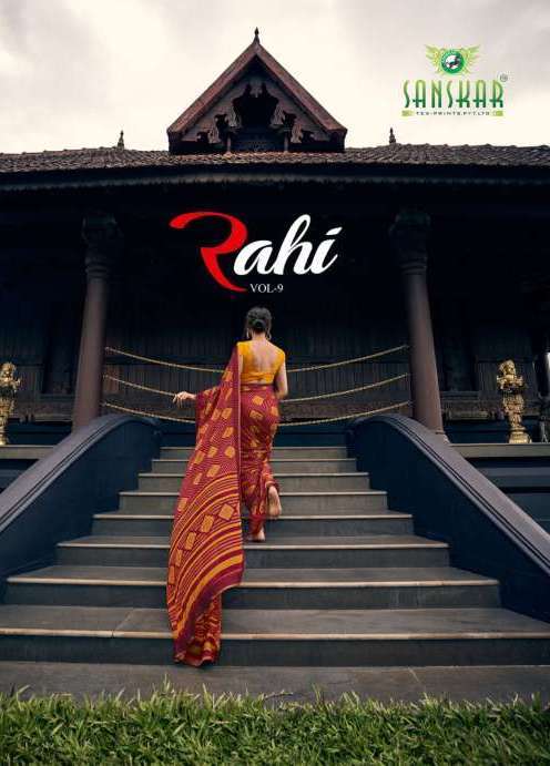 rahi vol 9 by sanskar tex print chiffon brasso printed saree with designer blouse concept