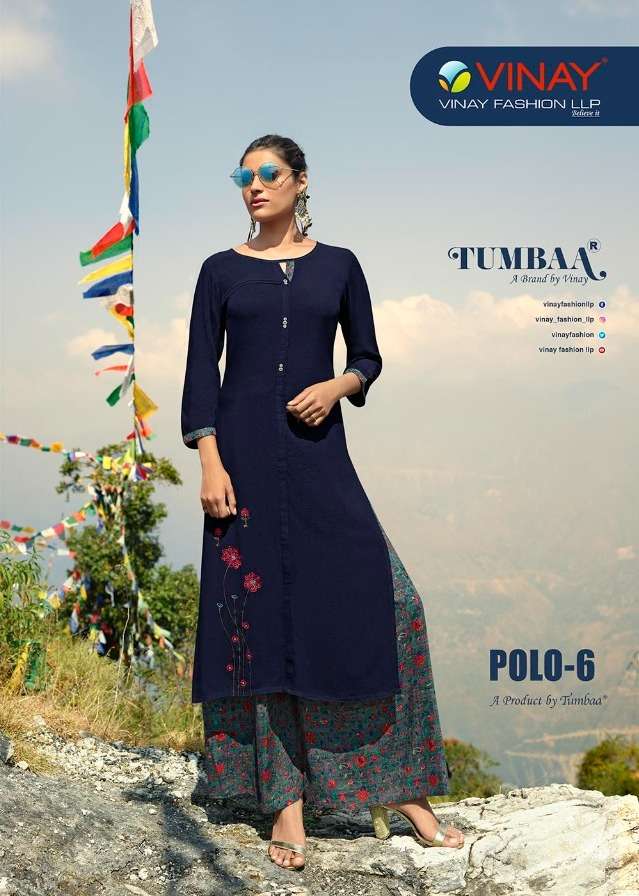 tumbaa polo vol 6 by vinay 38581-38587 series rayion long top with plazzo wholesaler