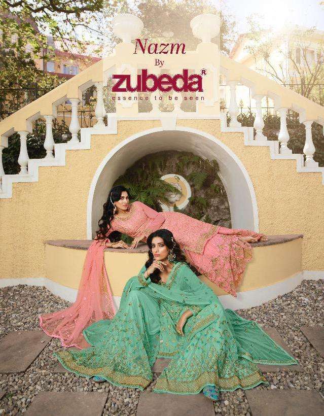 zubeda nazm pure dola jacquard jari work plazzo suits pakistani wedding collection
