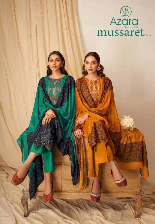 azara mussaret vol 14 by radhika cambric cotton kashmiri work suits