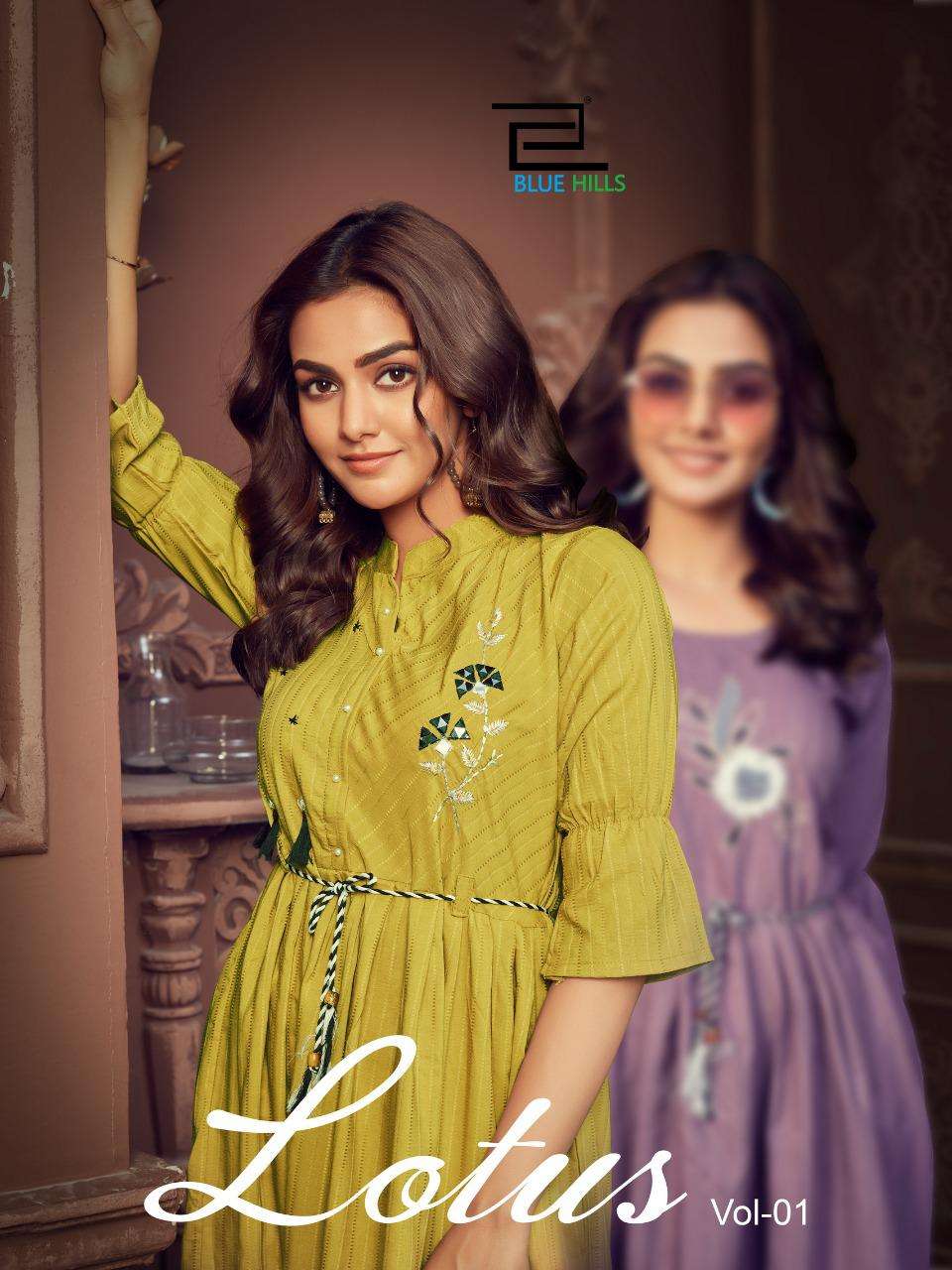 blue hills lotus short midi with fancy belt kurtis