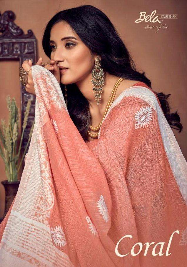 coral by bela linen silk designer fancy saree