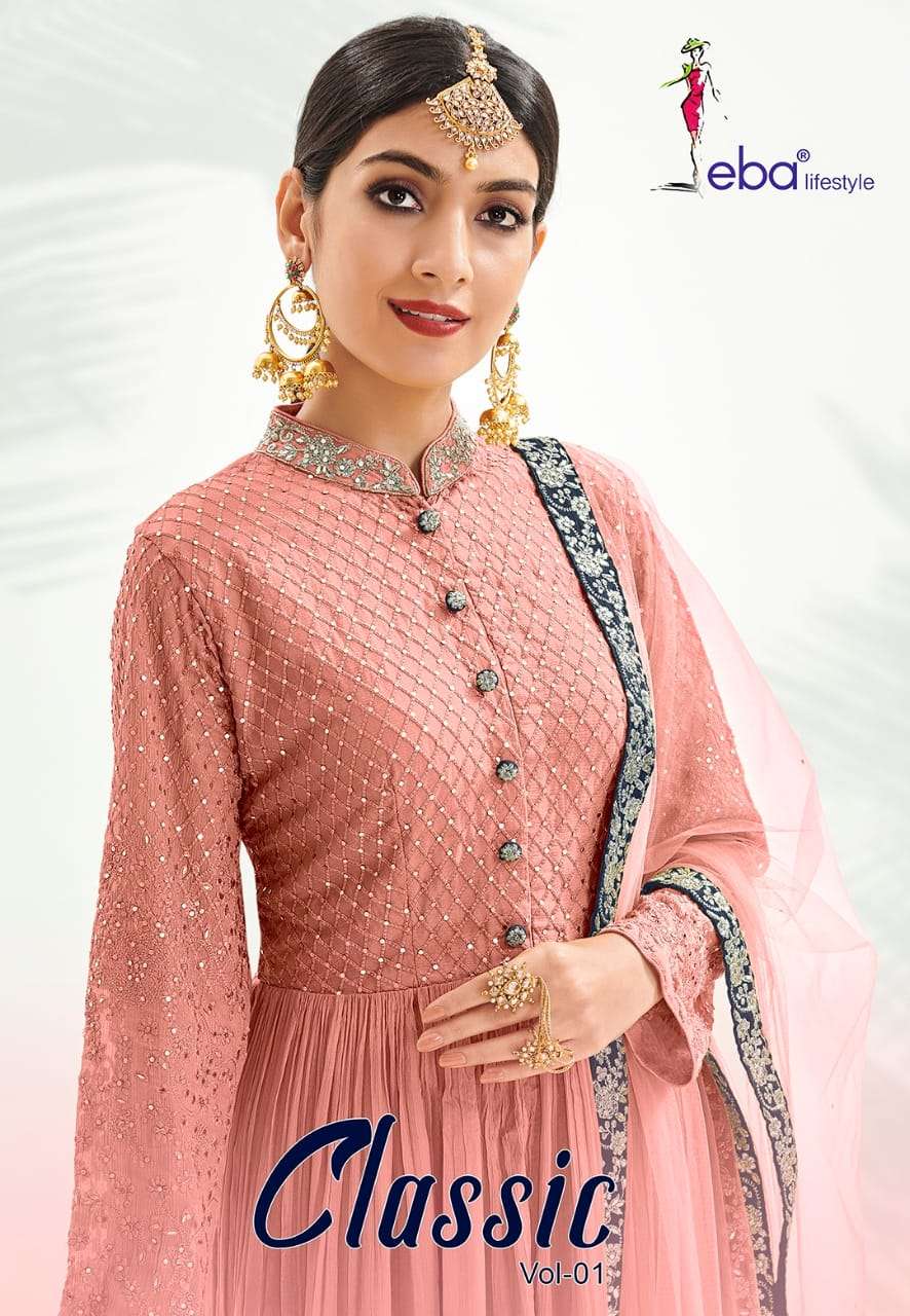 eba classic gold chinon embroidery plazzo suits collection
