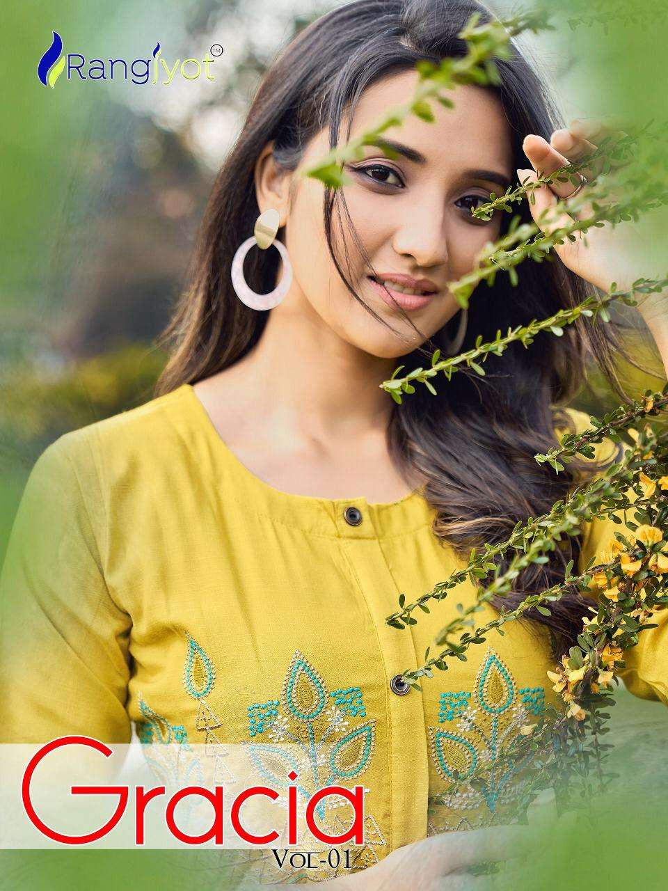 gracia by rangjyot rayon gold printed zari work fancy ladies kurtis