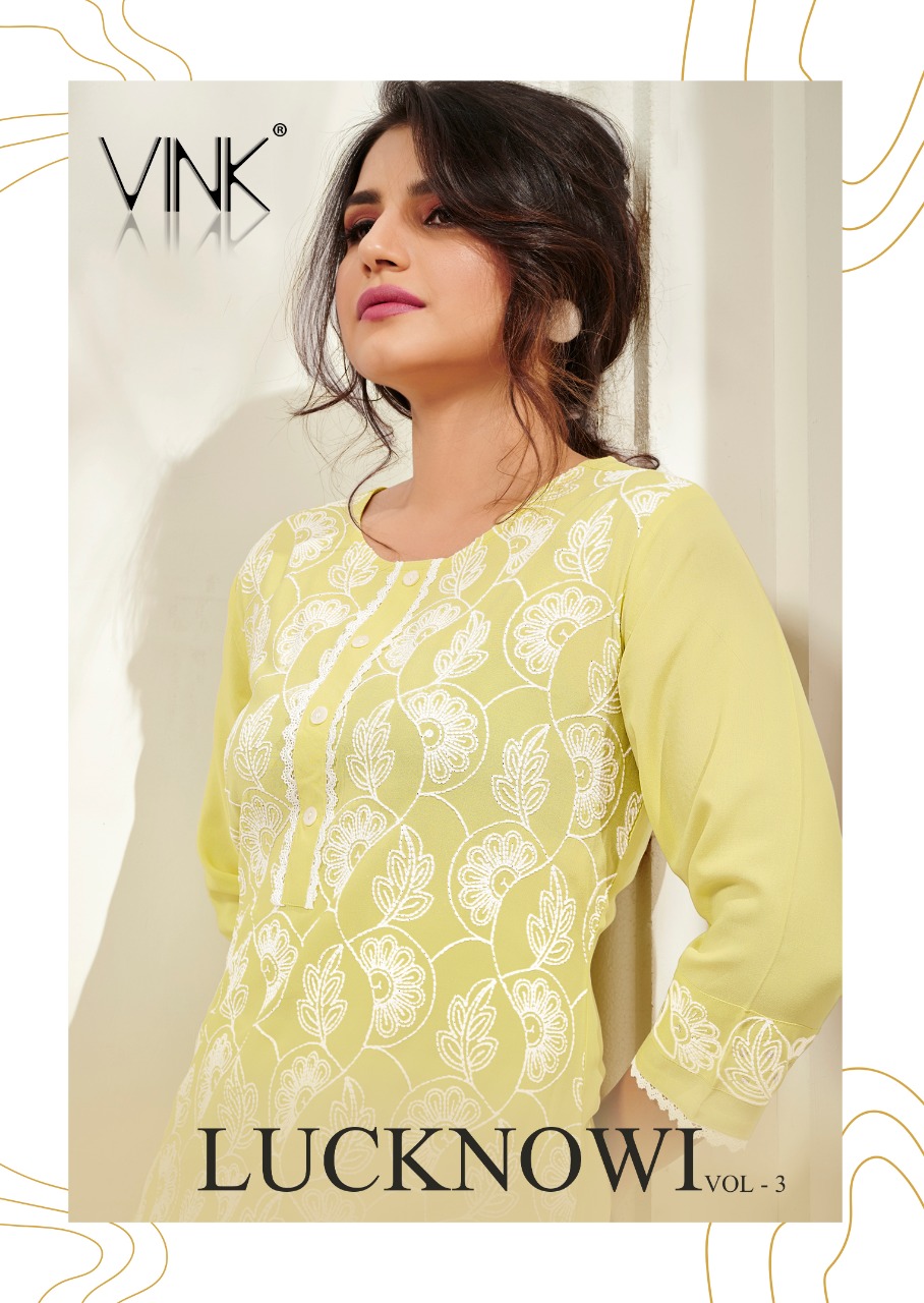 Lucknowi Vol 3 By Vink Pure Rayon Work Kurti With Pants At Wholesale Price In Suart
