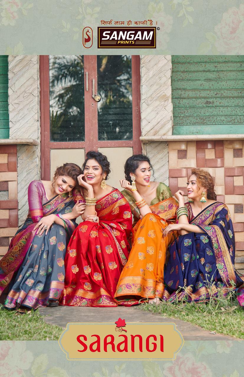 Sangam Present Sarangi Banarasi Silk Traditional Wear Saree Clothing Store In Surat
