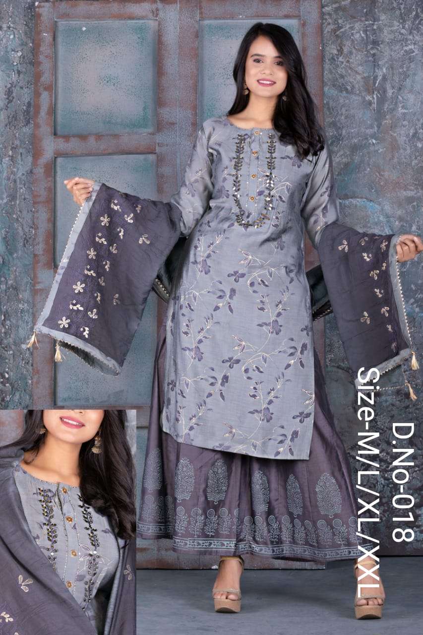 Valas 018 Chanderi Foil Ptd Emb Yoke Kurta with Palzzo & Dupatta