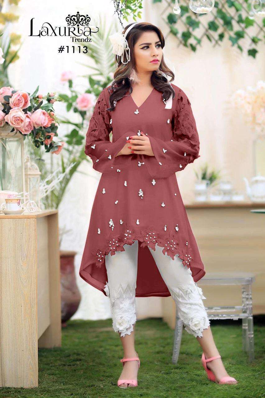 Laxurious D No 1113 Glamours Look Designer Georgette Party Wear Kurti With Pant Collections