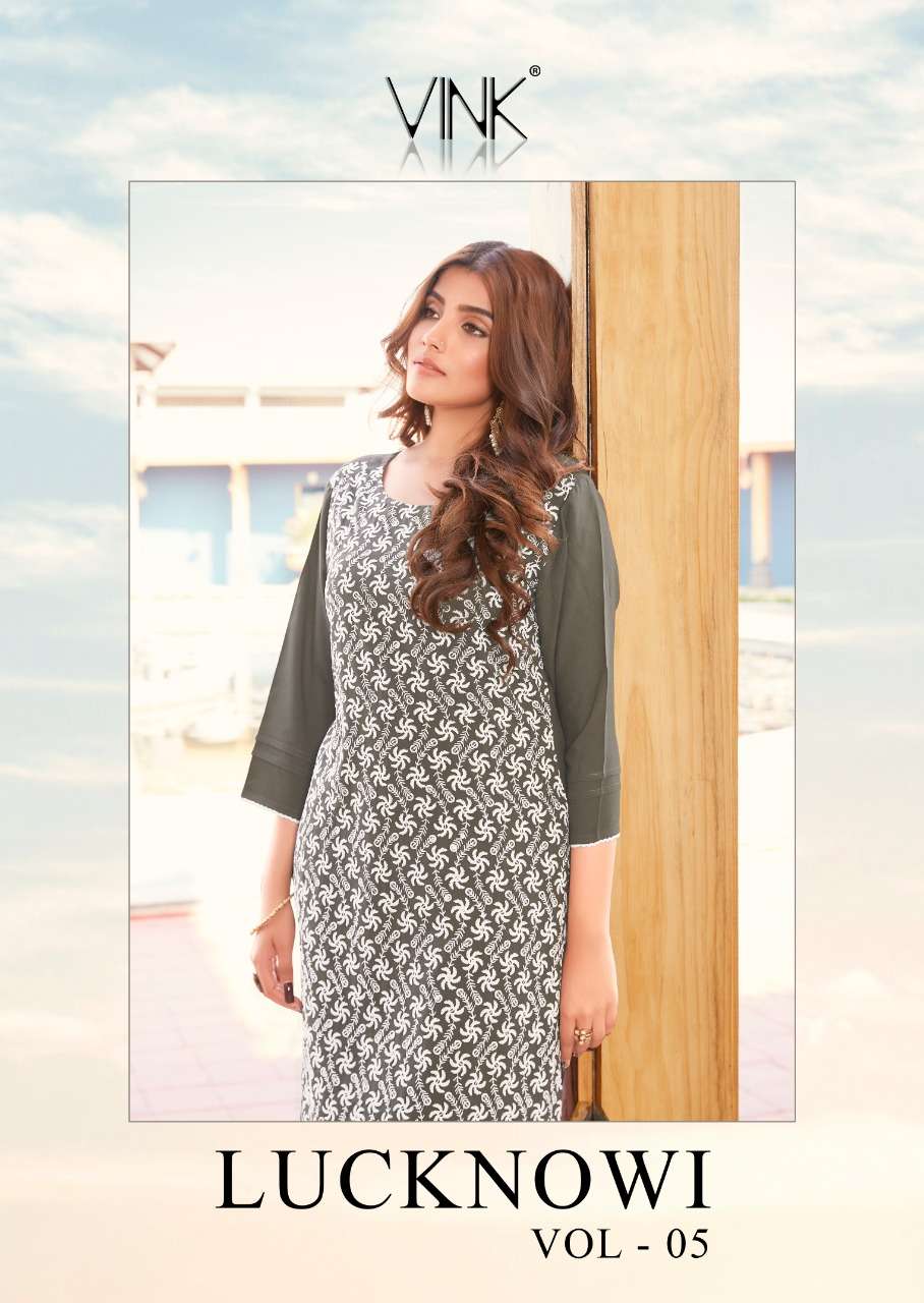 lucknowi vol 5 by vink rayon schiffli work kurti with pant pair