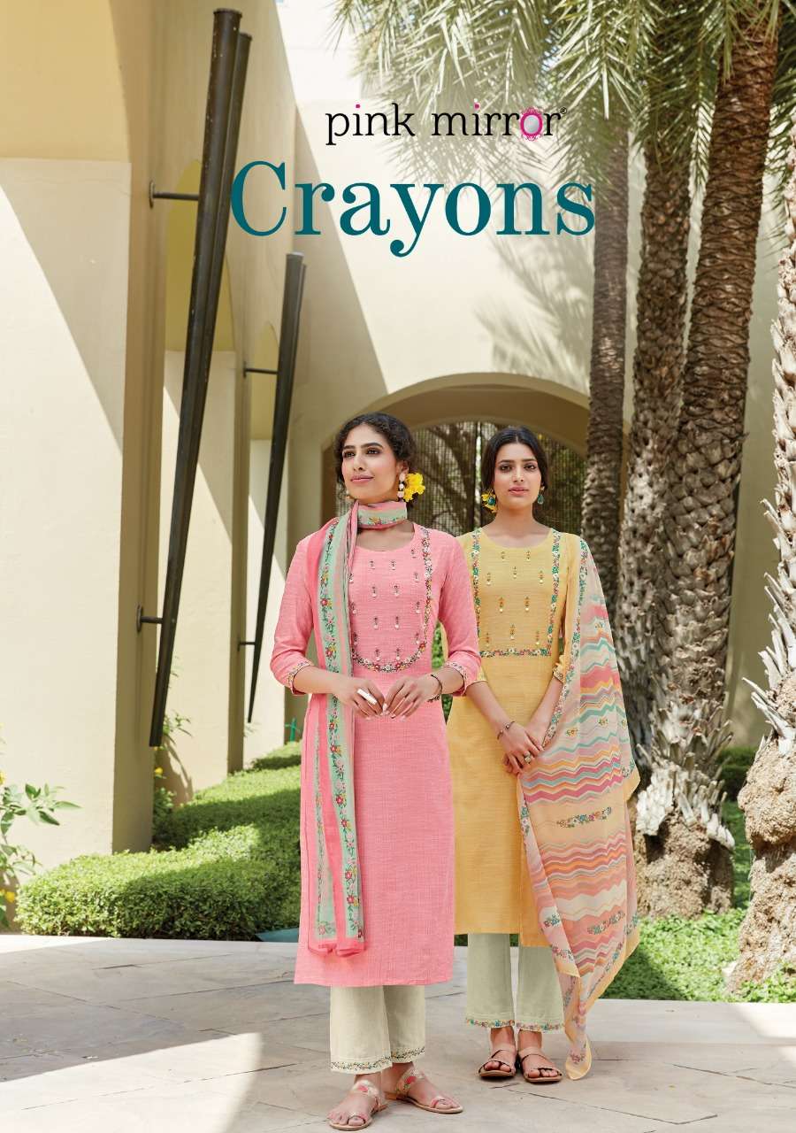 pink mirror crayons viscose embroidery readymade salwar kameez
