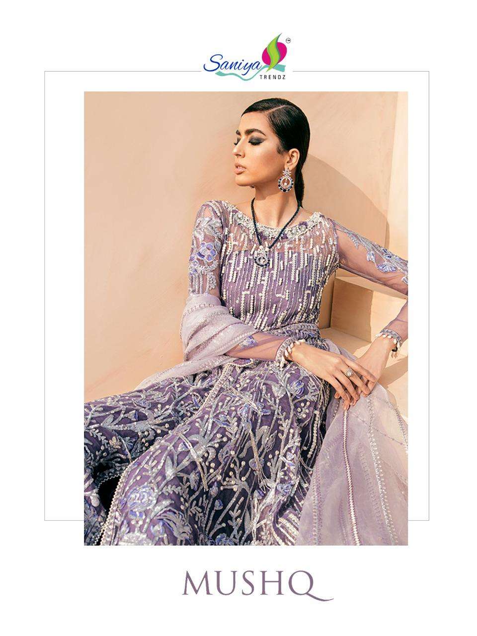saniya trendz mushq butterfly net with embroidery pakistani designer suits 