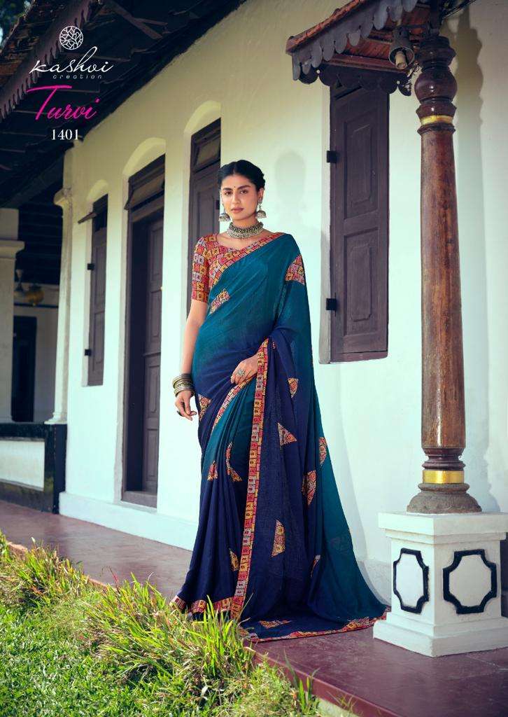 Turvi By Kashvi Chiffon Gold Printed Fancy Saree