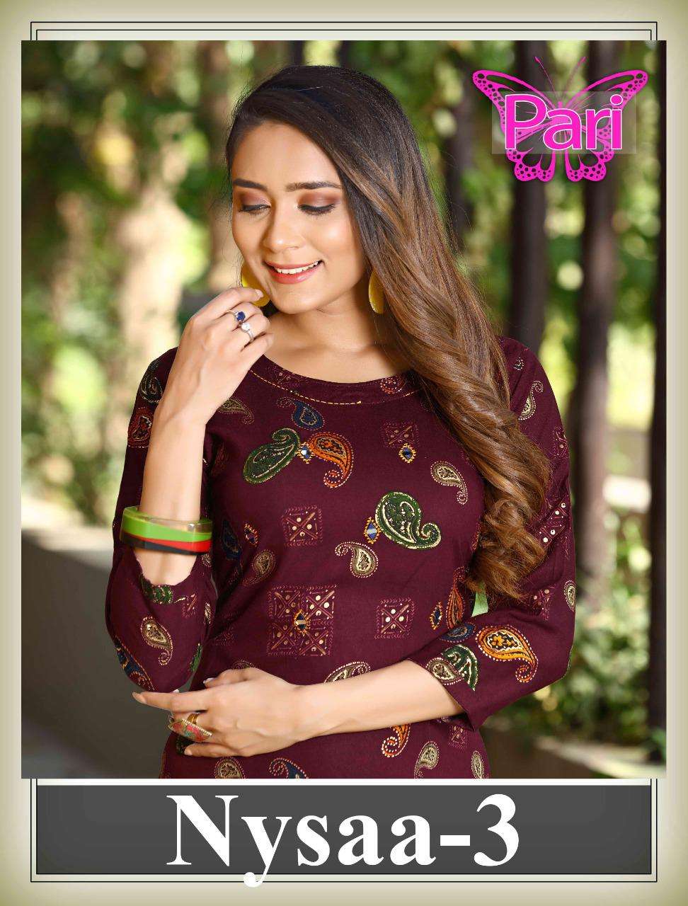 Nysaa 3 By  Pari Heavy Rayon Print Kurti Catalog Collection Wholesaler Lowest Best Price In Ahmedabad Surat Chennai India Uk Usa Malaysia Singapore Canada Australia Mauritius