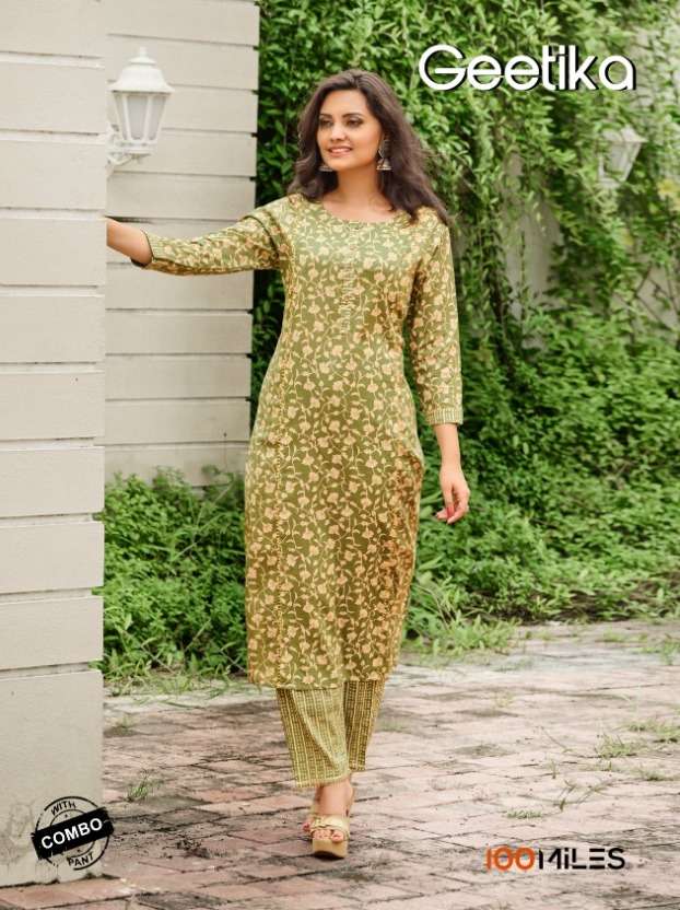 100 Miles Geetika Cotton Kurti With Pant Wholesaler