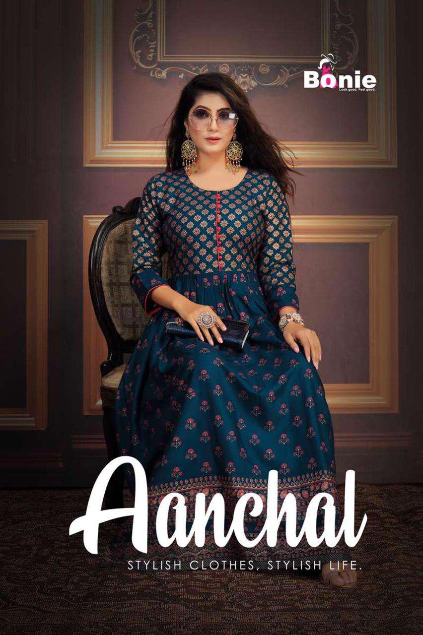 Aanchal Vol.2 By Bonie Heavy Rayon Foil Print Long Kurti Catlog Collection Wholesaler Best Rate In Surat