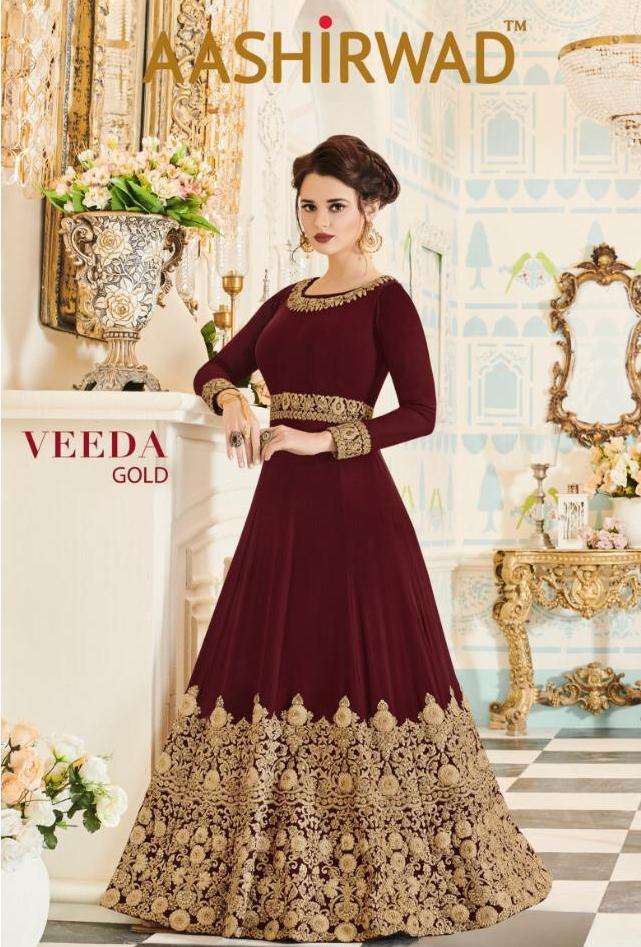Aashirwad Presents Veeda Gold Colors Anarkali Dresses Wholesale Supplier