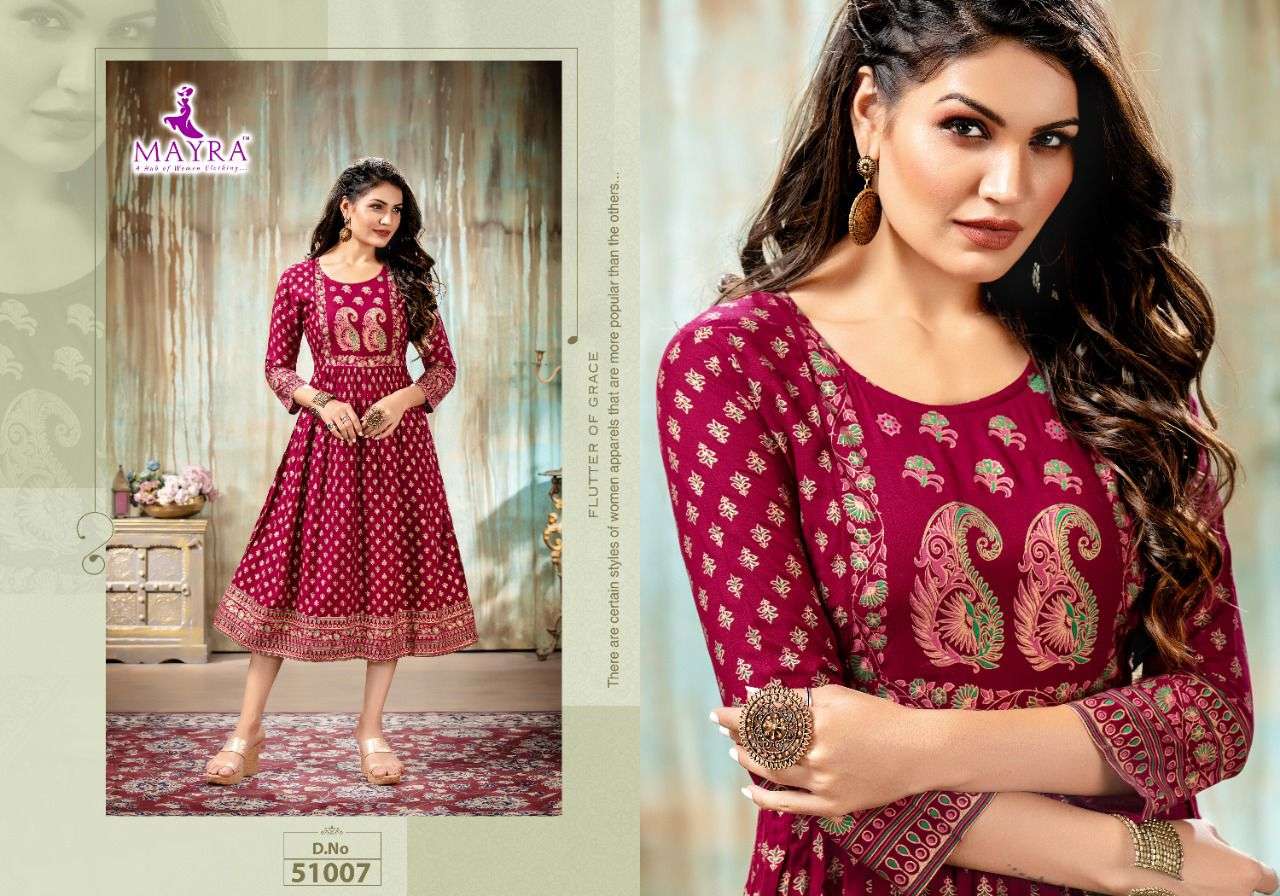 Goldy By Mayra Heavy Rayon Slub With Gold Foil Print Kurti Catalog Collection Wholesaler Best Rate In Surat