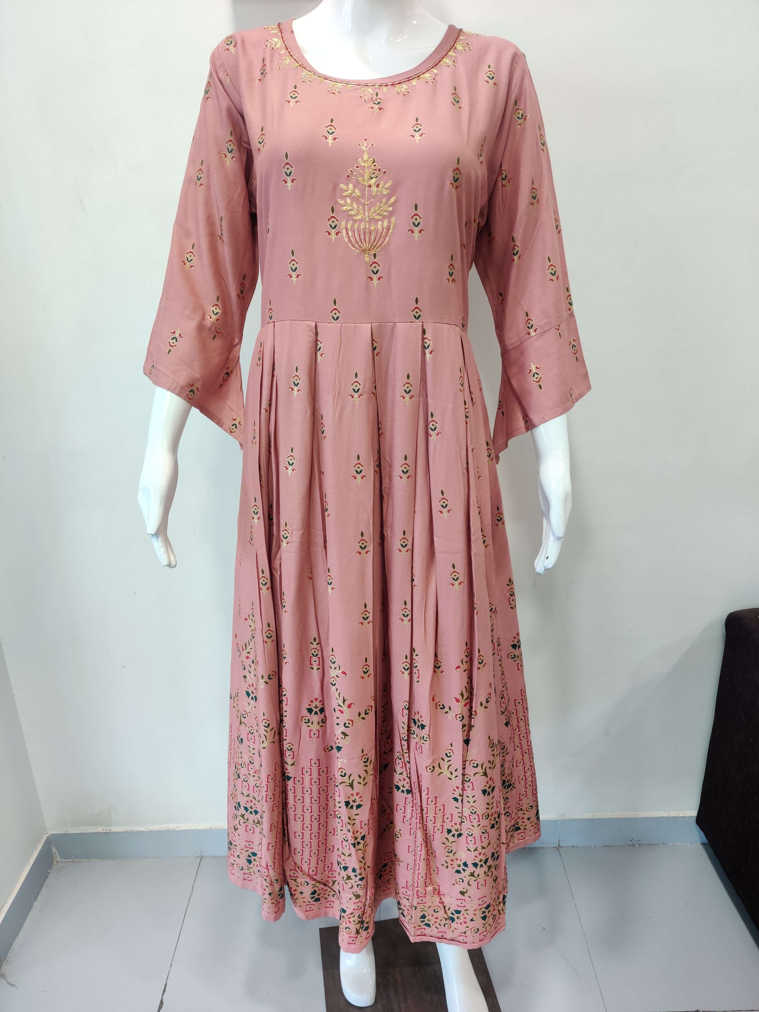 Heavy Rayon Foil Print Gown With Beautiful Pitta Work