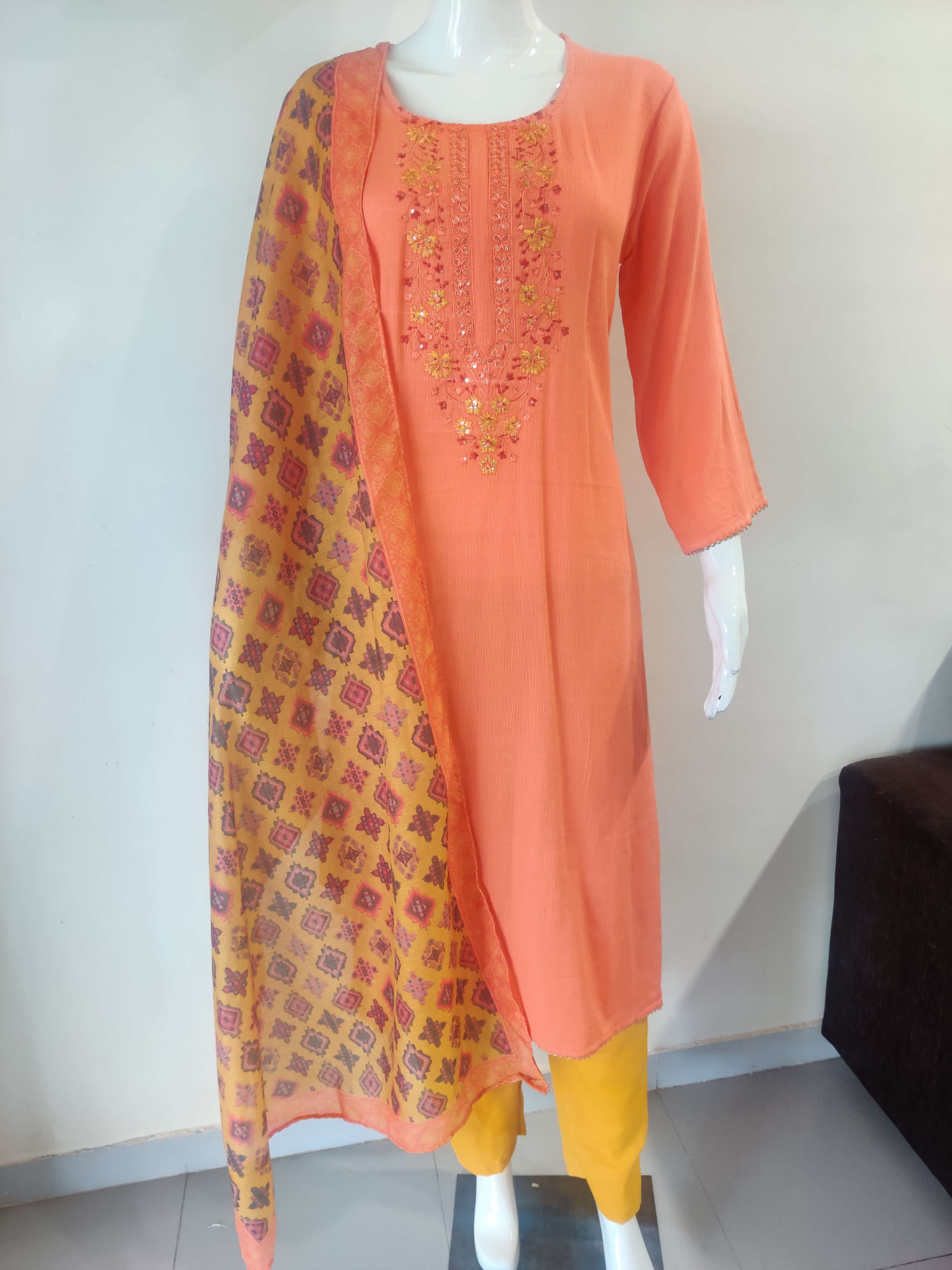 Premium Cotton Kurti With Embroidery And Digital Print Dupatta With Pants