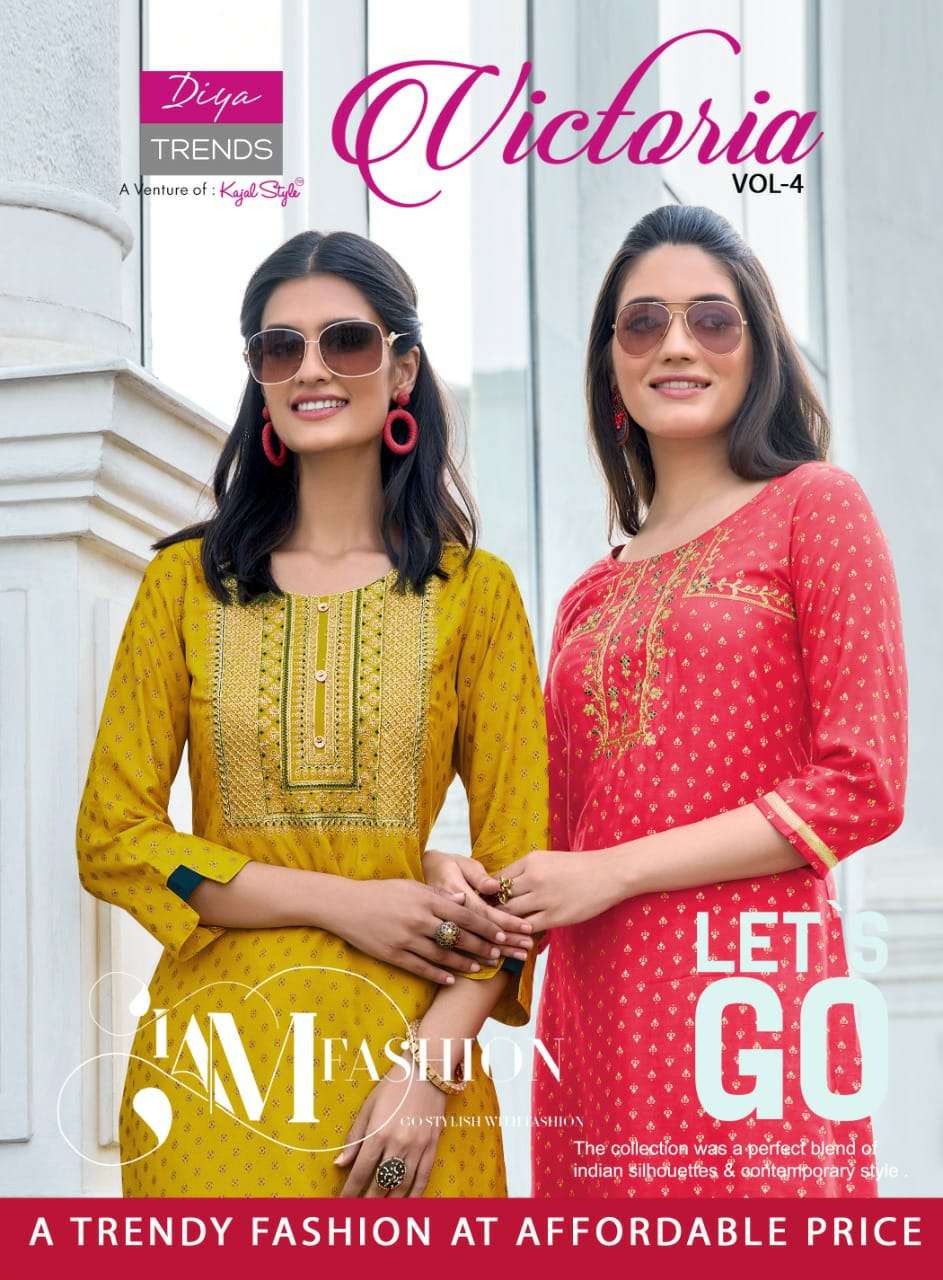Victoria Vol 4 Heavy Rayon Print Fancy Kurti With Embroidery By Diya Trendz