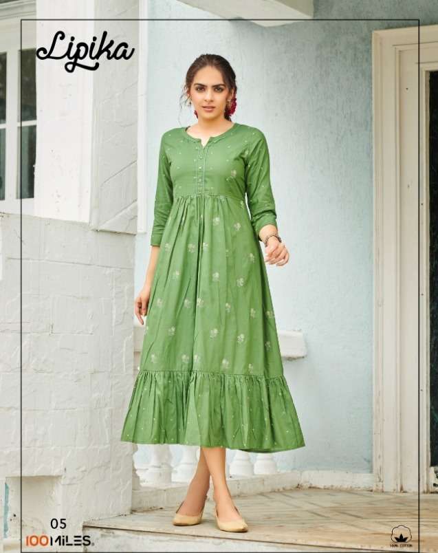 100 miles lipika Pure Giza cotton embroidered long dress with flair gathers