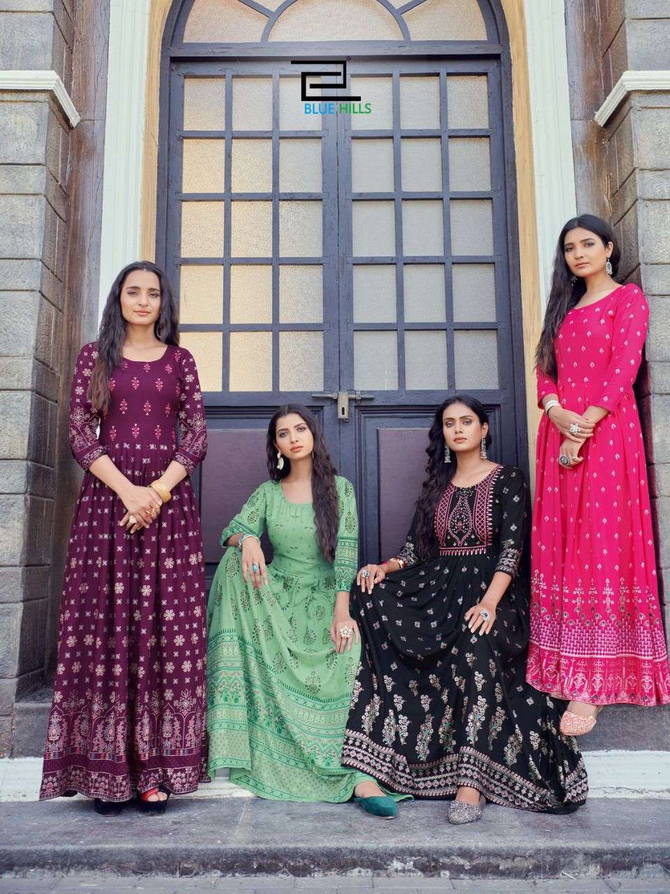 blue hills walkway vol 15 rayon foil print long gown style kurtis supplier 