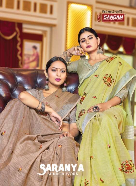 sangam prints saranya linen cotton embroidery saris wholesaler