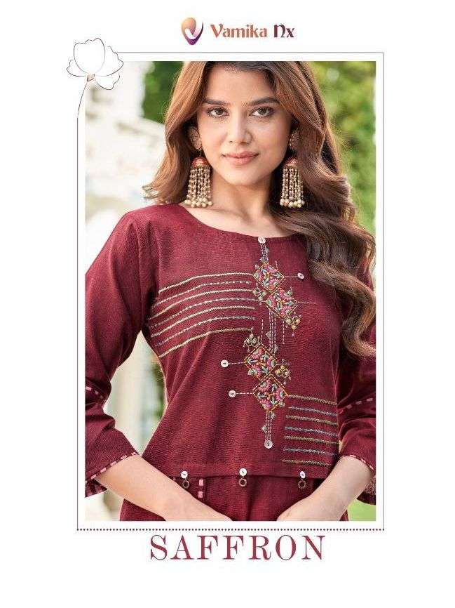 vamika nx saffron kurti with pent set at best rate 