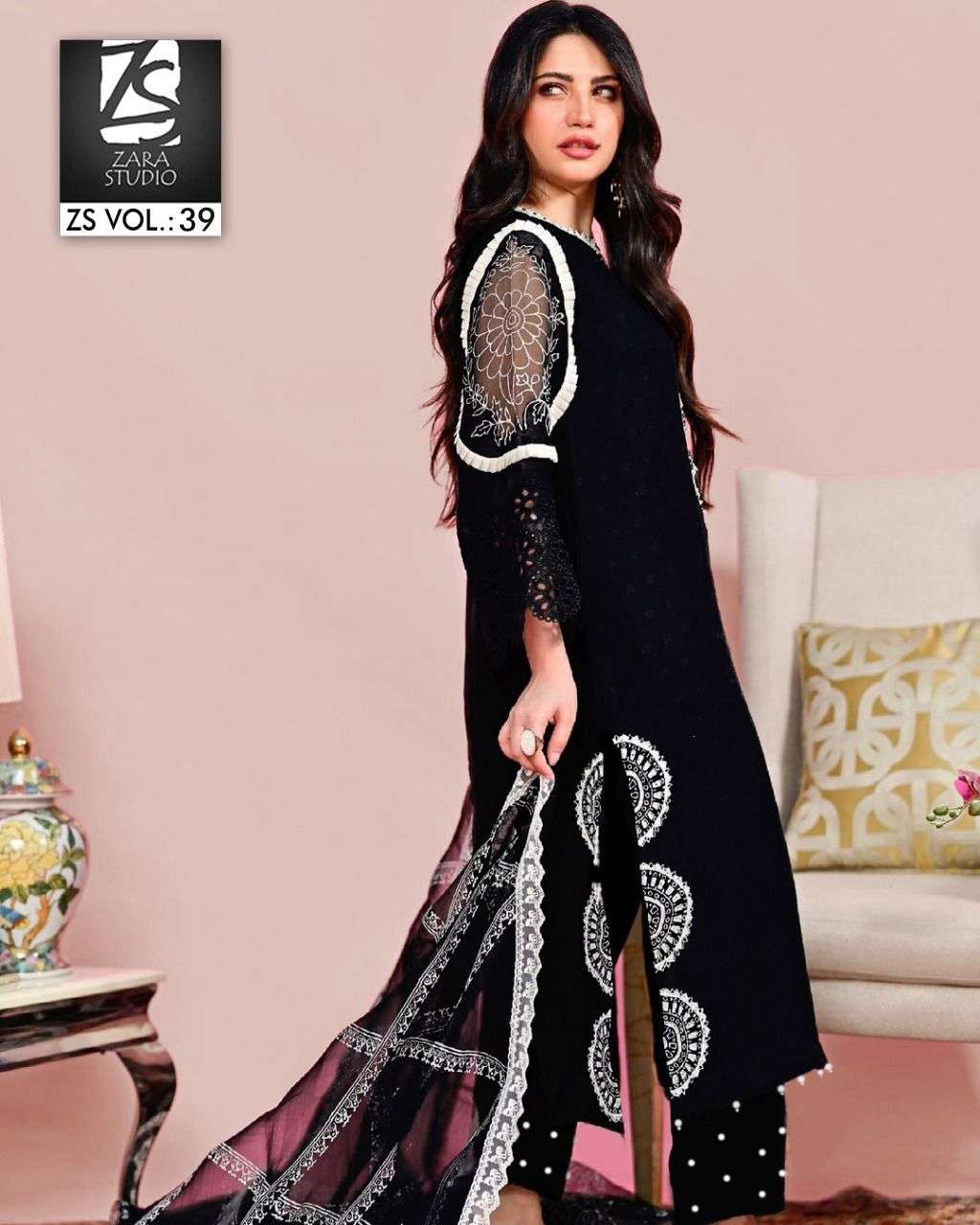 zara studio zs vol 39 georgette readymade pakistani black colour suits