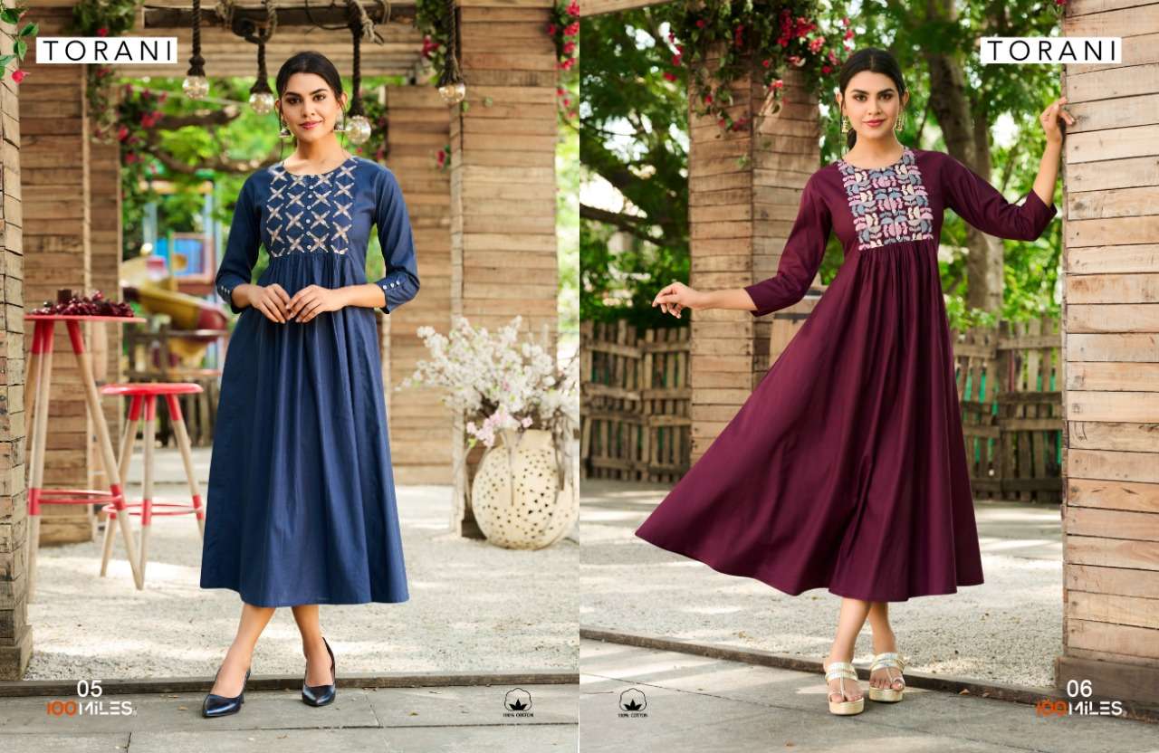 100 miles torani cotton embroidered long dress with flair gathers kurti 