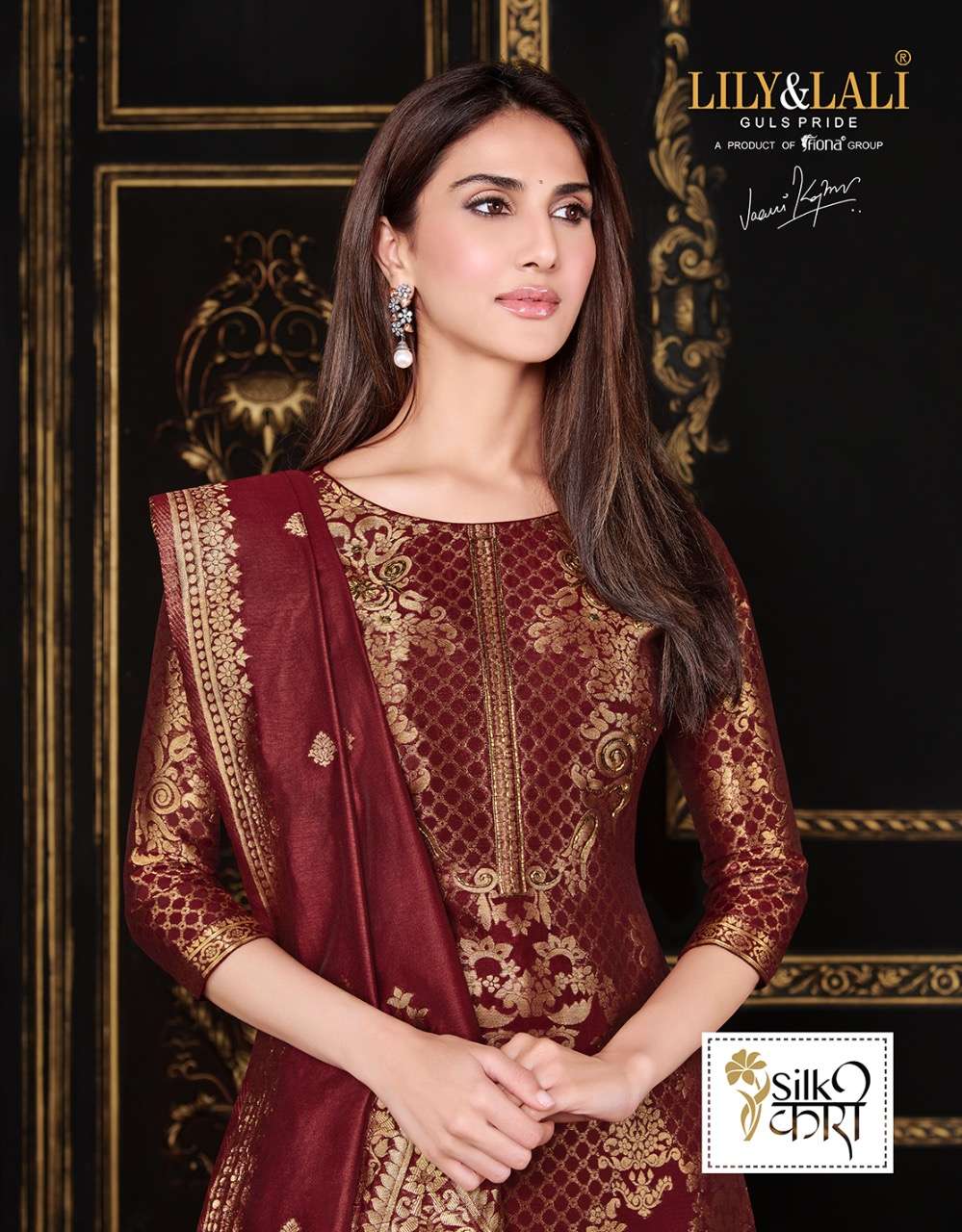 lily & lali silk kari 3 pc top bottom with dupatta vaani kapoor collection 