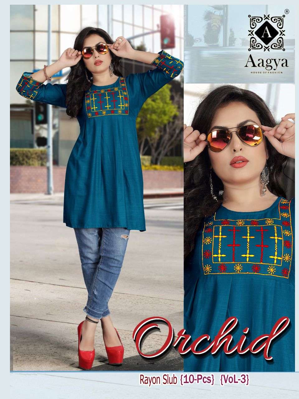 ORCHID VOL.3 BY AAGYA HEAVY RAYON WITH WORK SHORT TOP CATLOG WHOLESALER BEST RATE