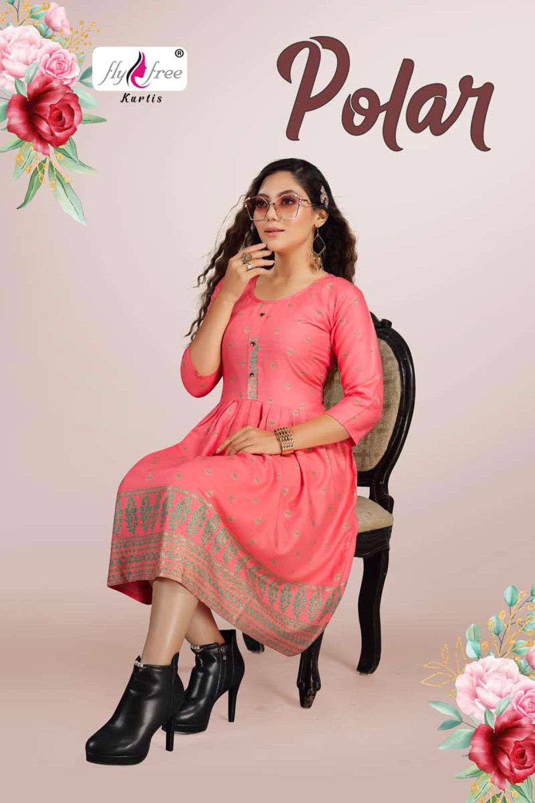 POLAR BY FLY FREE HAEVY RAYON GOLD FOIL PRINT KURTI CATALOG WHOLESLAER BEST RATE
