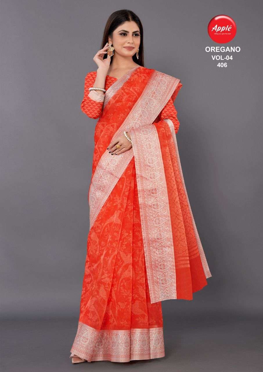 apple oregano vol 3 & 4 organza saree with zari weaving border concept 