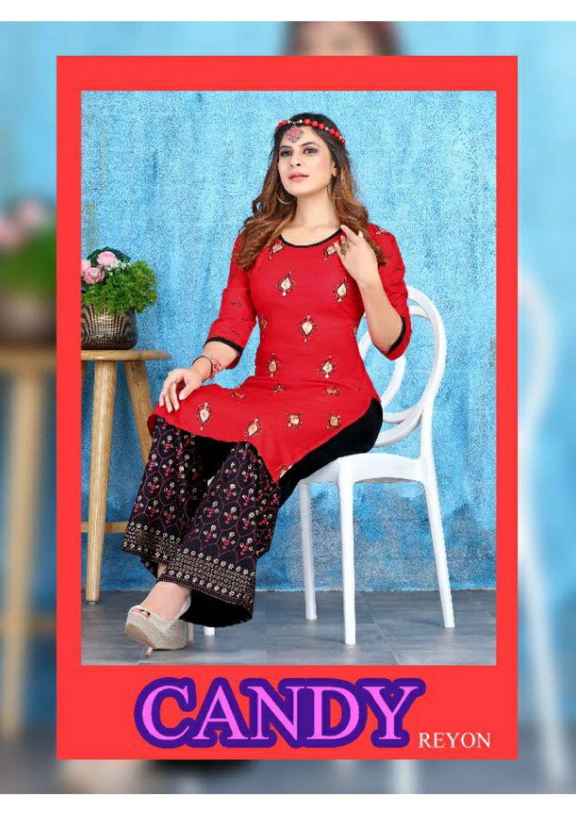 CANDY BY BEAUTY QUEEN HEAVY RAYON GOLD FOIL PRINT KURTI WITH PLAZO CATALOG WHOLESALER BEST RATE