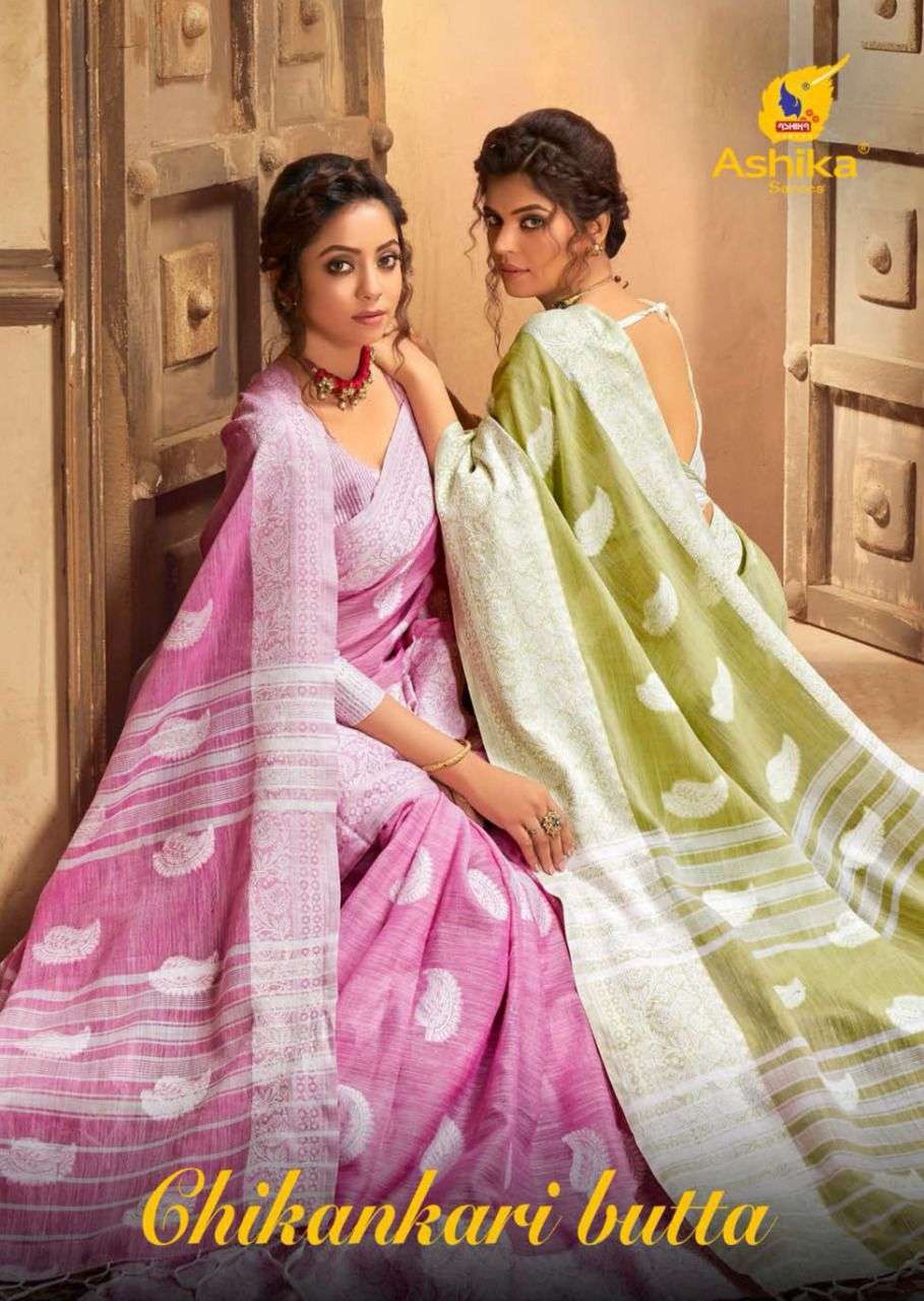 chikankari butta by ashika cotton linen with resham work designer saree