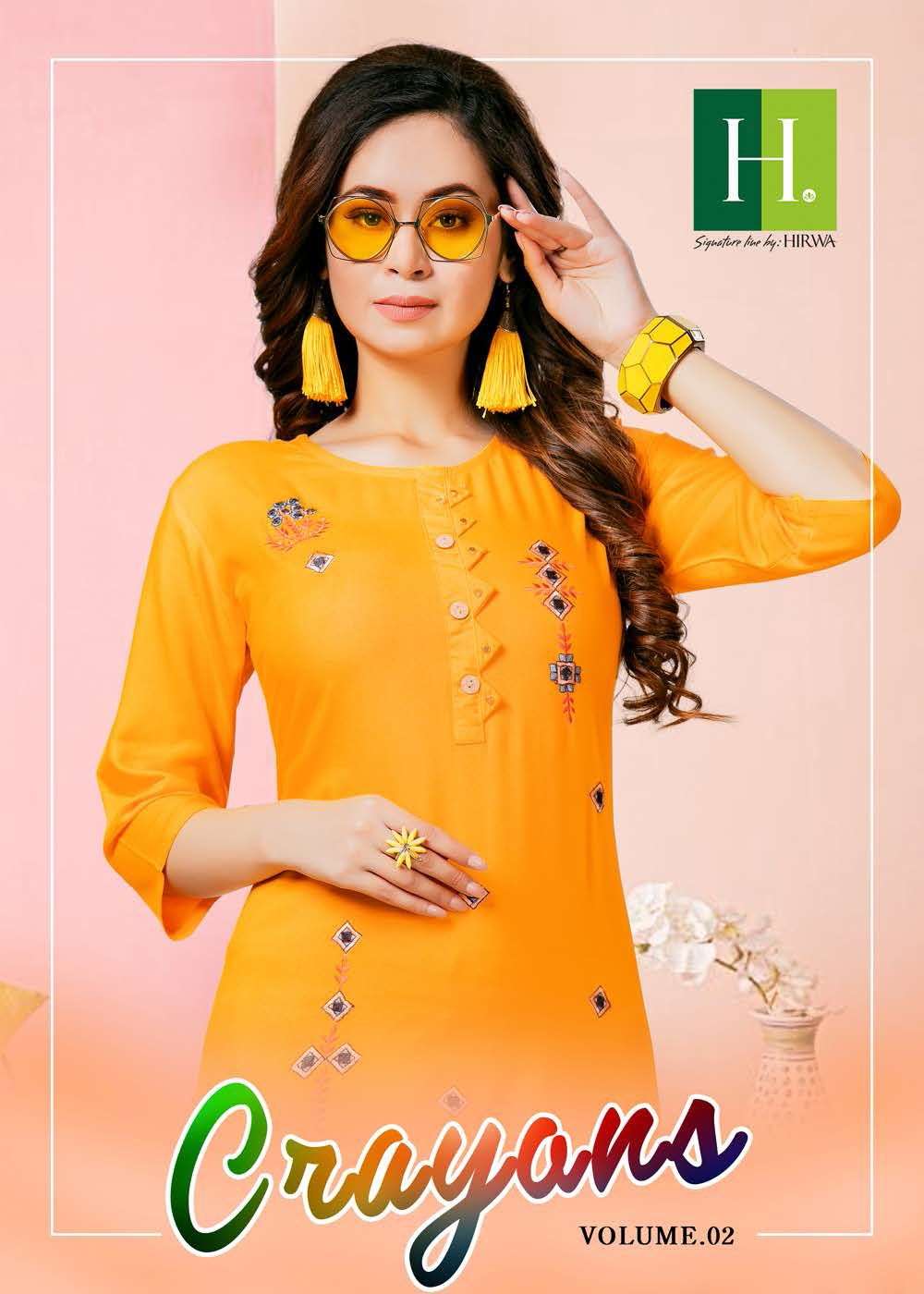 CRAYONS BY HIRWA HEAVY TOP RAYON WITH EMBROIDERY WORK KURTI CATALOG WHOLESALER BEST RATE