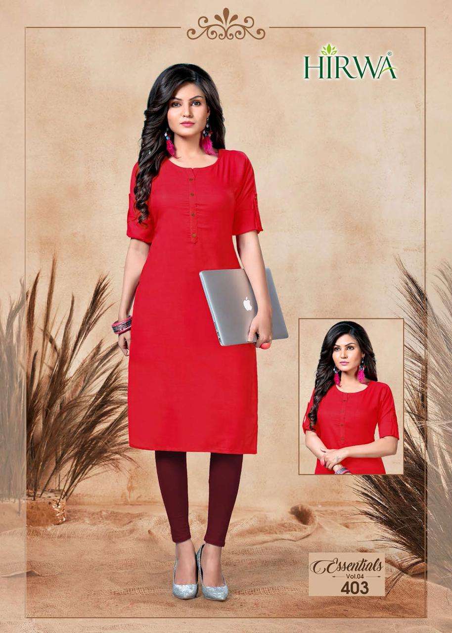 ESSENTIAL VOL-4 BY HIRWA HEAVY COTTON PLIAN KURTI CATALOG WHOLESALER BEST RATE MALAYSIA