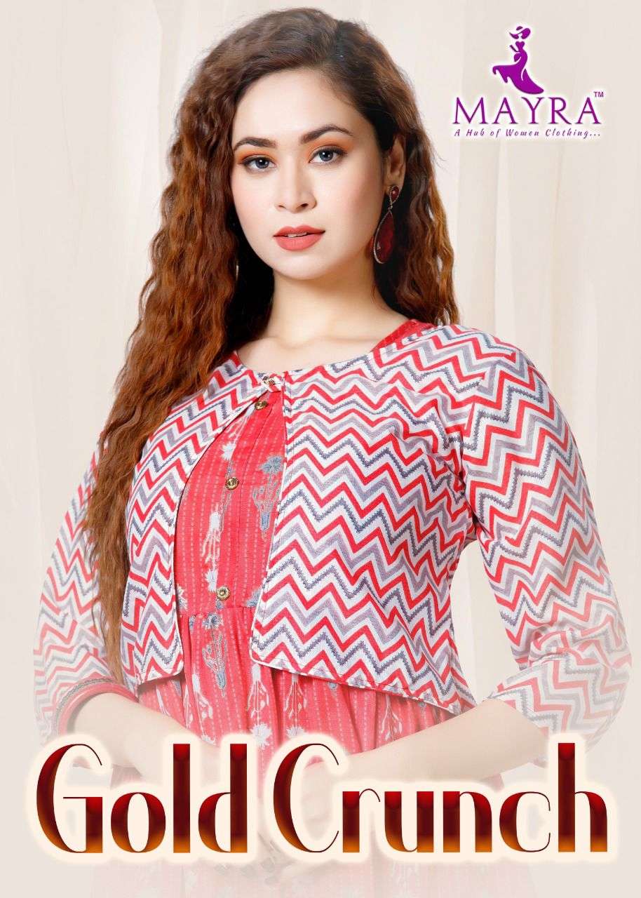 GOLD CRUNCHY BY MAYRA HEAVY RAyon capsul 14KG Gold print Also separate capsul print Jacket KURTI CATALOG WHOLESALER BEST RATE 
