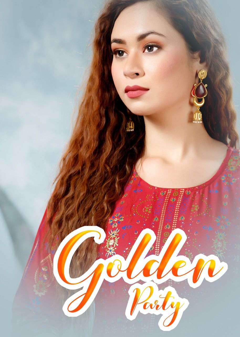 GOLDEN PARTY HEAVY RAYON GOLD FOIL PRINT BACK PATTERN KURTI CATLOG WHOLESALER BEST RATE
