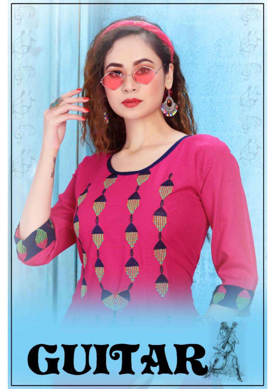 Guitar BY Beauty Queen HEAVY RAYON WITH WORK KURTI CATALOG WHOLESALER BEST RATE