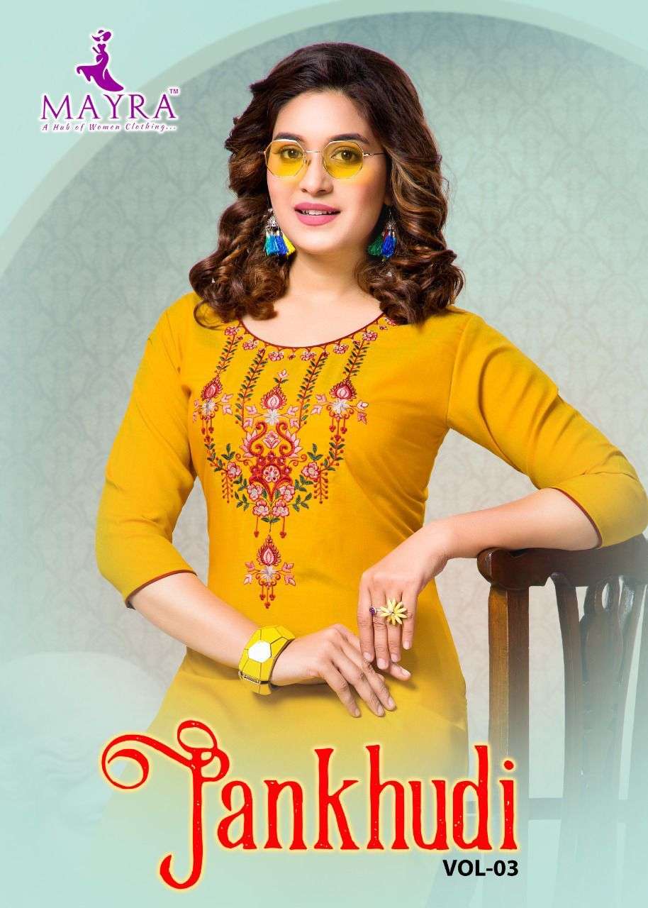 PANKHUDI VOL-3 BY MAYRA Reyon Silk with Embroydrey and stiching pattern KURTI CATALOG WHOLESALER BEST RATE