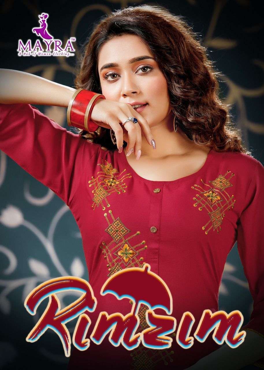 RIM ZIM BY MAYRA HEAVY RAYON WITH WORK FOIL PRINT KURTI WITH SKIRT CATALOG WHOLESALER BEST RATE