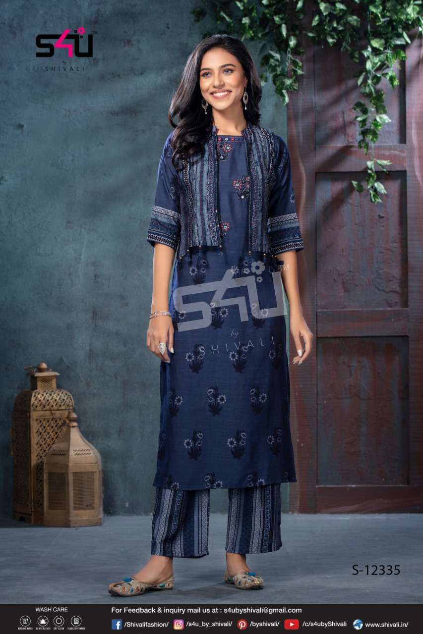 s4u 233 design combo set of kurti with bottom and jacket blue color 