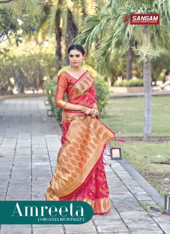 sangam prints amreeta organza rich pallu weaving saris wholesaler