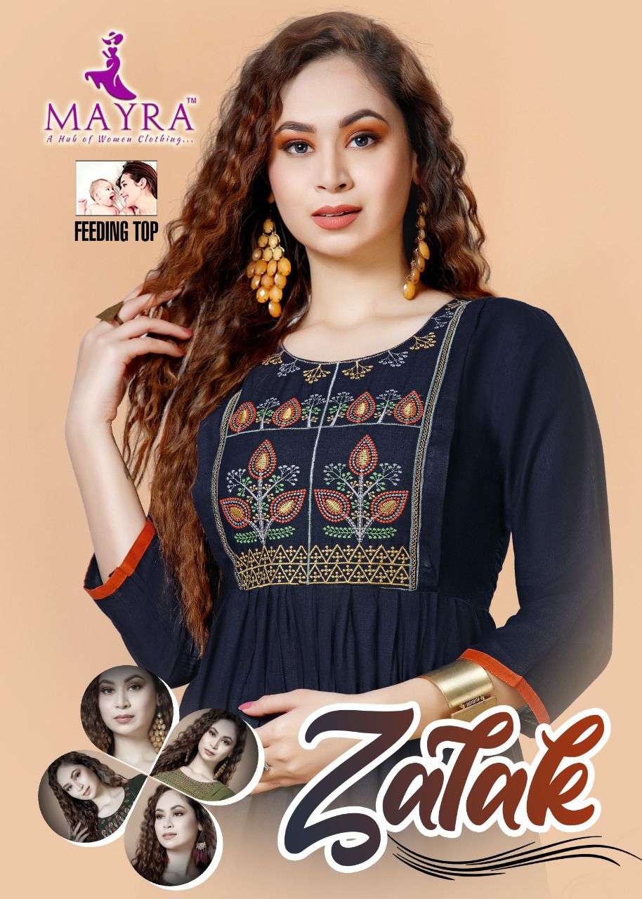 ZALAK BY MAYRA HEAVY REYON 14 kg Rayon Slub Embroydrey Feeding top CONCEPT KURTI CATLOG WHOLESALER BEST RATE