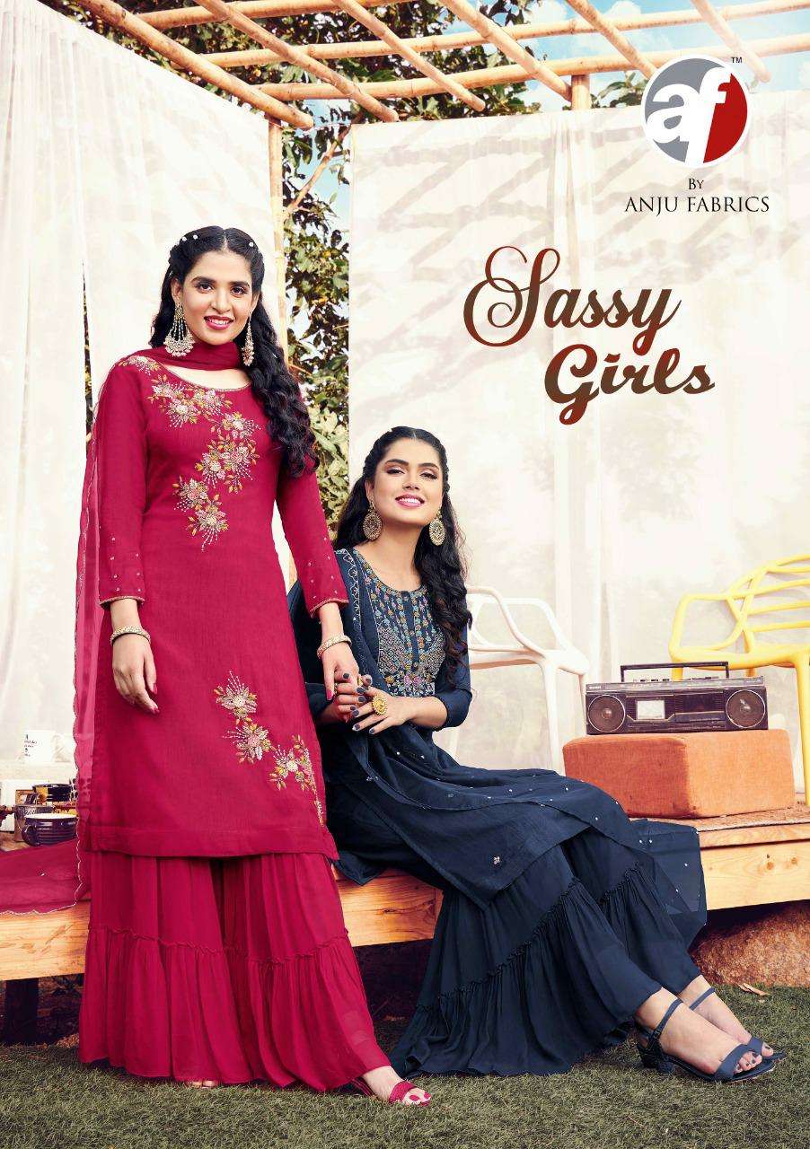 anju sassy girls kurti sarara and heavy dupatta set 