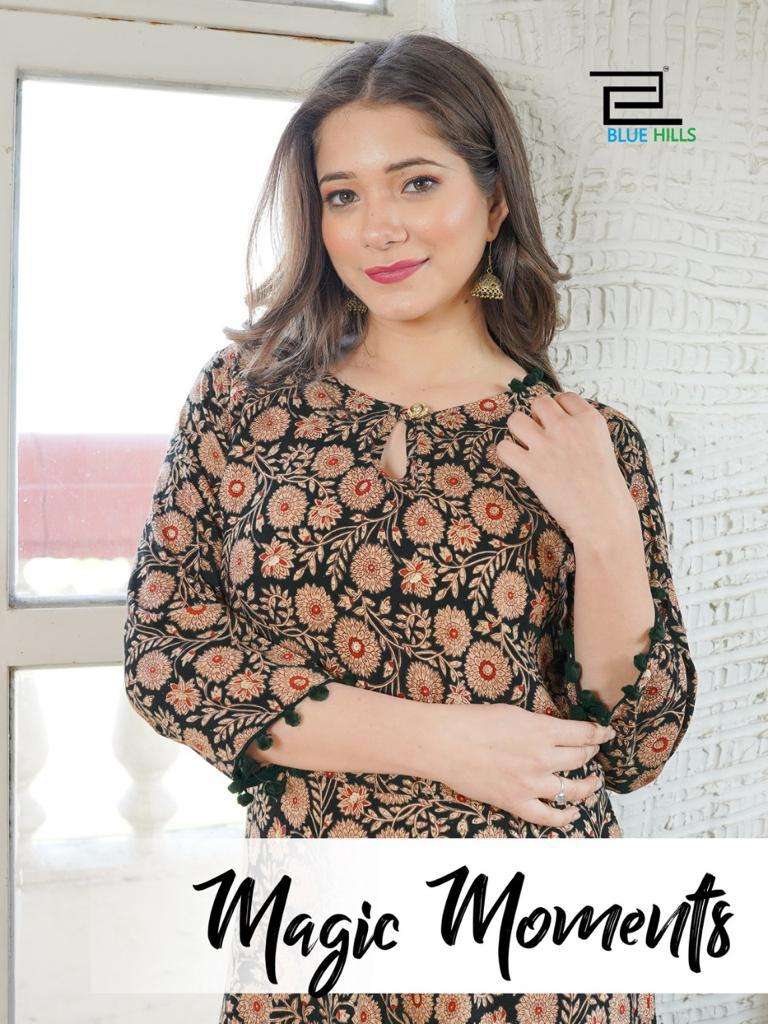 blue hills magic moments rayon foil print flair style kurtis best supplier in surat 