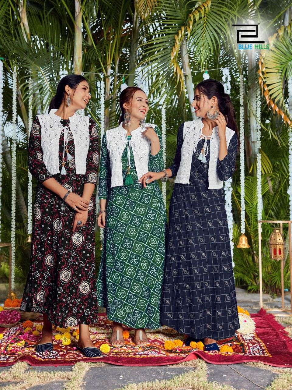 blue hills stop watch rayon bandhani kurti with chikan handwork koti