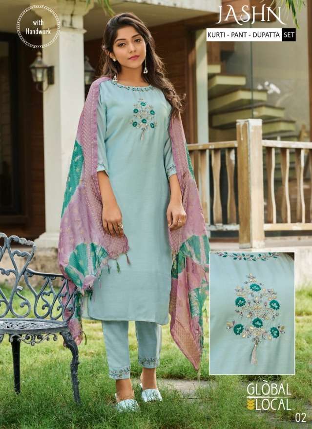 global local jashn kurti with pant and dupatta set 